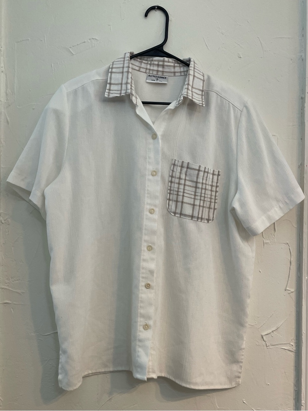 Vintage Alfred Dunner Coastal Grandma White Collared Shirt with Plaid Trim